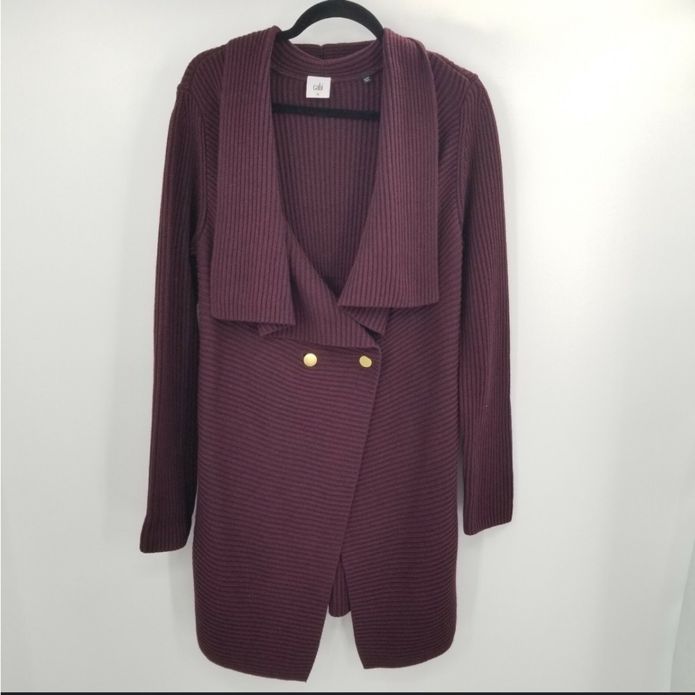 EUC CAbi Regal Longer Knit Sweater w/Drape Lapel and 2 Button Closure Mulberry